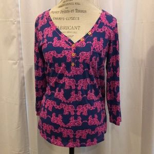 Navy w pink elephants. 3/4 length sleeves